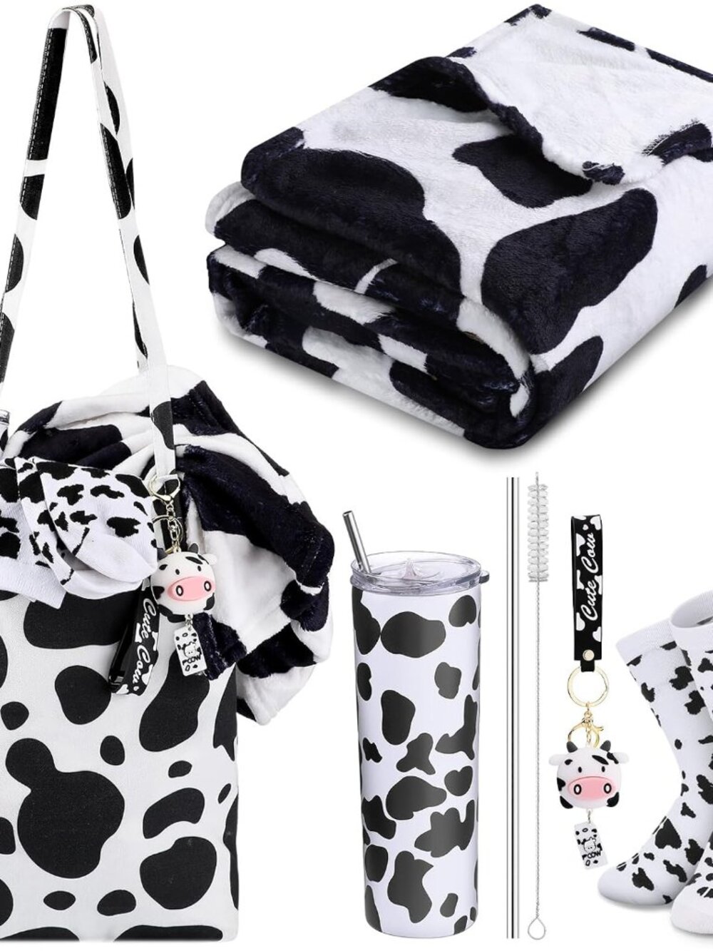 5 Pcs Cow Gifts Set for Women: 20 oz Cow Pattern Stainless Steel Tumbler with Li